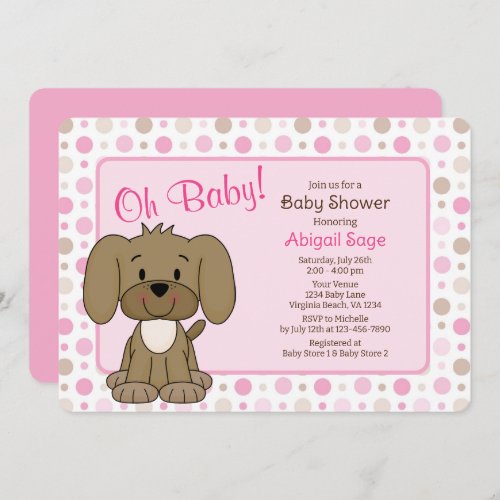 Cute Brown Puppy Dog Pink Polka Dot Baby Shower Invitation