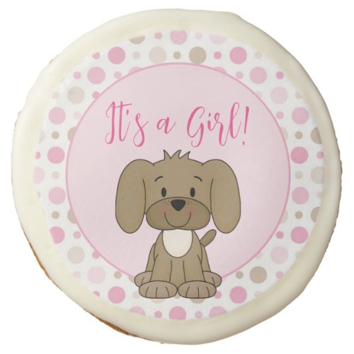 Cute Brown Puppy Dog Pink Polka Dot Baby Shower Sugar Cookie