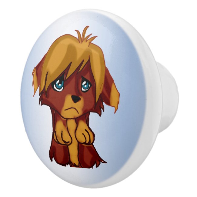 Cute Brown Puppy Dog with Blue Eyes Ceramic Knob