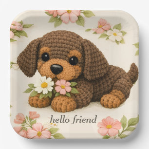 Cute Brown Puppy Floral Paper Plates