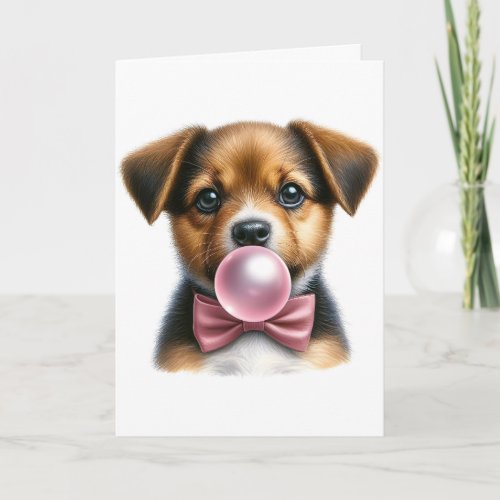 Cute Brown Puppy Pink Bow Tie Blowing Bubble Gum Card