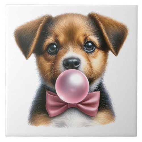 Cute Brown Puppy Pink Bow Tie Blowing Bubble Gum Ceramic Tile