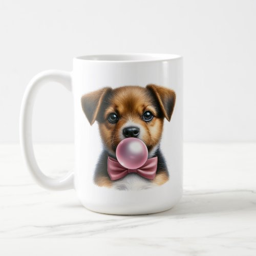 Cute Brown Puppy Pink Bow Tie Blowing Bubble Gum Coffee Mug