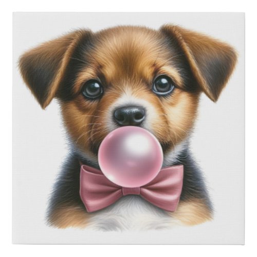 Cute Brown Puppy Pink Bow Tie Blowing Bubble Gum Faux Canvas Print