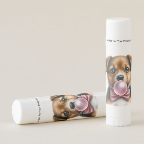 Cute Brown Puppy Pink Bow Tie Blowing Bubble Gum Lip Balm