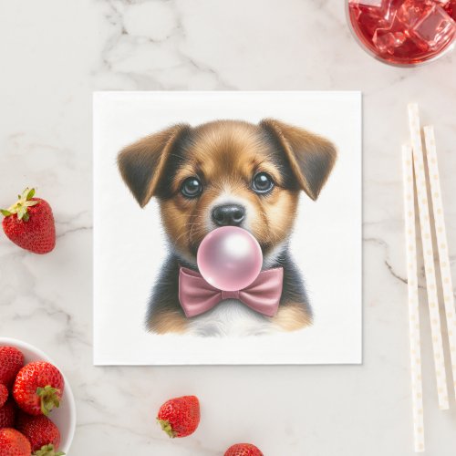 Cute Brown Puppy Pink Bow Tie Blowing Bubble Gum Napkins