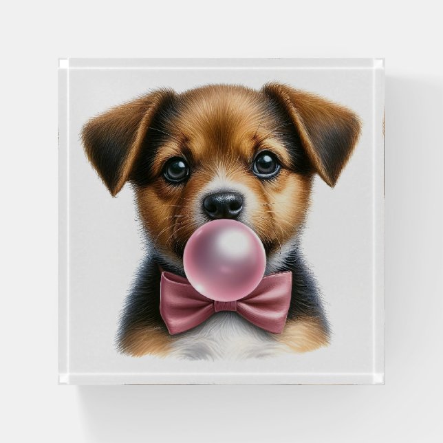 Cute Brown Puppy Pink Bow Tie Blowing Bubble Gum Paperweight (Front)