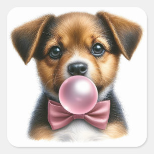 Cute Brown Puppy Pink Bow Tie Blowing Bubble Gum Square Sticker