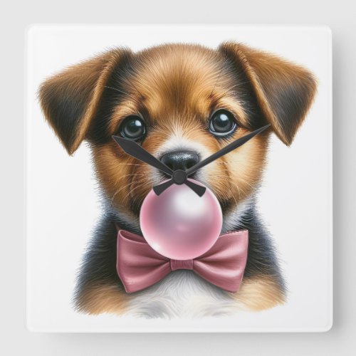 Cute Brown Puppy Pink Bow Tie Blowing Bubble Gum Square Wall Clock