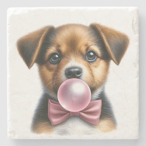 Cute Brown Puppy Pink Bow Tie Blowing Bubble Gum Stone Coaster