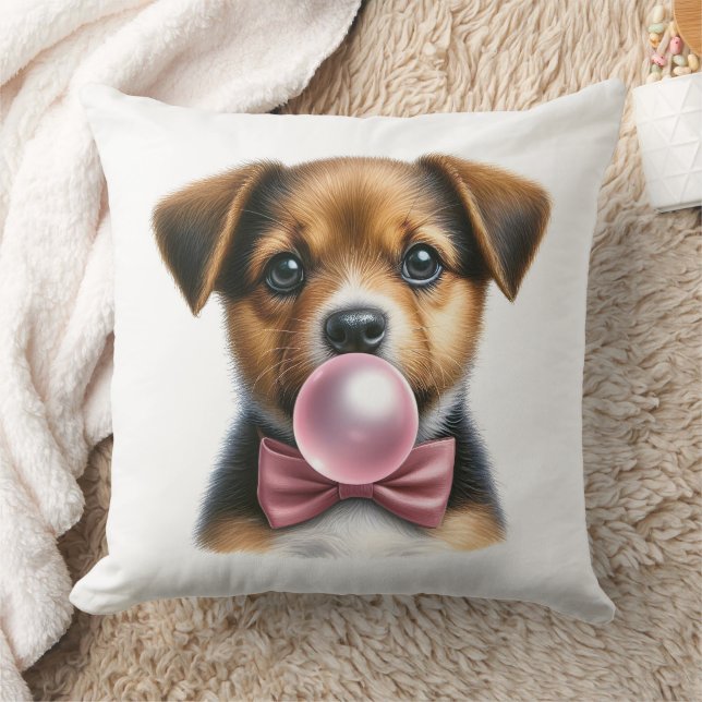Cute Brown Puppy Pink Bow Tie Blowing Bubble Gum Throw Pillow (Blanket)