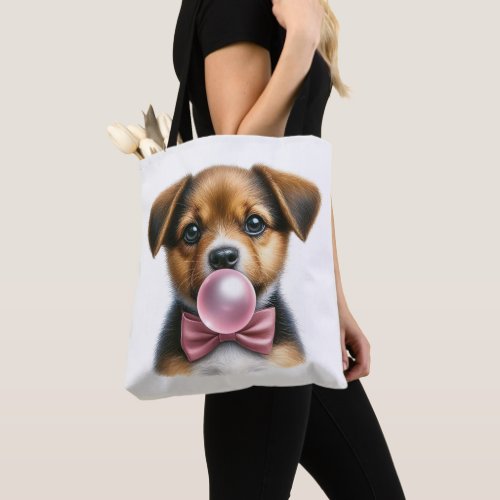 Cute Brown Puppy Pink Bow Tie Blowing Bubble Gum Tote Bag