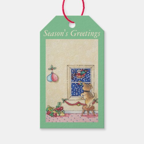 cute brown puppy santa sleigh in snow christmas gift tags