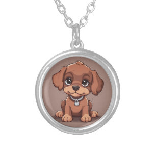 Cute brown puppy silver plated necklace