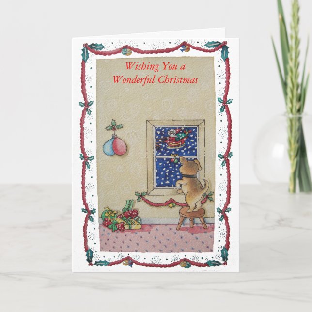 cute brown puppy watching santas sleigh christmas holiday card (Front)