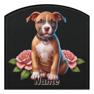 Cute Brown Puppy with Roses Door Sign