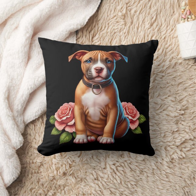 Cute Brown Puppy with Roses Throw Pillow (Blanket)