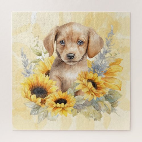 Cute Brown Puppy Yellow Sunflower Watercolor Jigsaw Puzzle