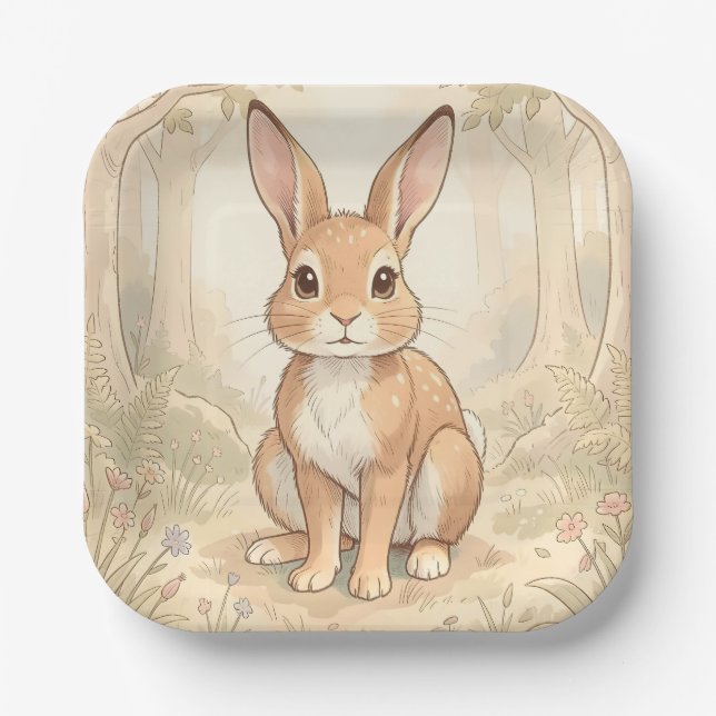 Cute brown rabbit in a forest paper plates (Front)
