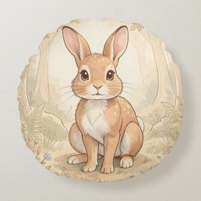 Cute brown rabbit in a forest round pillow (Front)
