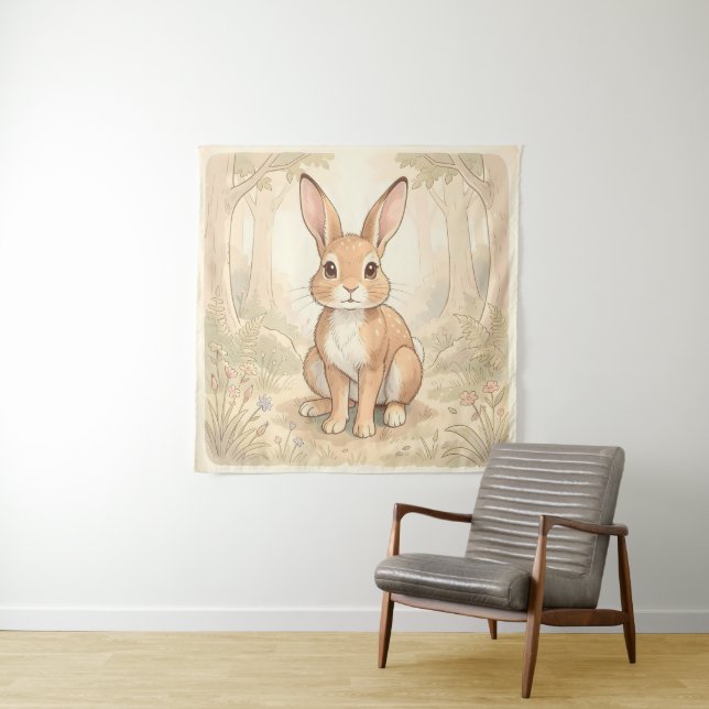 Cute brown rabbit in a forest tapestry (In Situ)