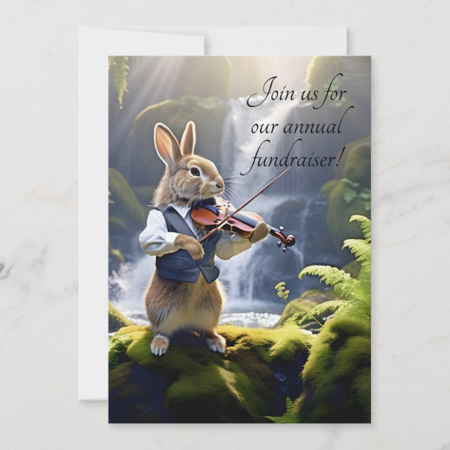 Cute Brown Rabbit Playing the Violin by Waterfall Invitation (Front)
