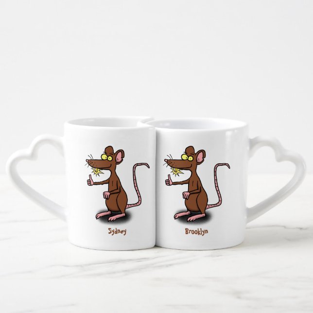 Cute brown rat thumbs up cartoon coffee mug set (Back Nesting)