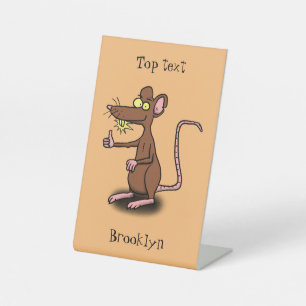 Cute brown rat thumbs up cartoon pedestal sign