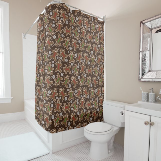 Cute Brown Red Green Christmas Gingerbreads Shower Curtain (In Situ)