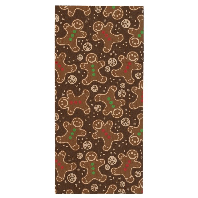 Cute Brown Red Green Christmas Gingerbreads Wood Flash Drive (Back (Vertical))
