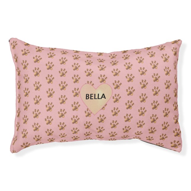 Cute Brown Shiny Pet Paws & Heart on Pink Pet Bed (Front)