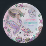 Cute Brown Skin Mermaid Sea Turtle Narwhal Party Paper Plates<br><div class="desc">Girly under the sea themed party sign featuring a cute little mermaid, sea turtle, seahorse, narwhal and other magical underwater critters and sparkly starfish and corals. Use the template fields to add your wording. If you want to change the font style, color or text placement, simply click the "Customize Further"...</div>