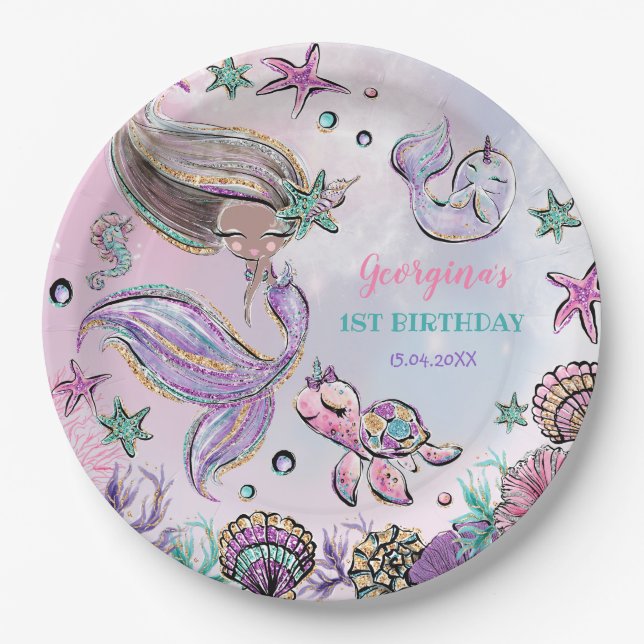 Cute Brown Skin Mermaid Sea Turtle Narwhal Party Paper Plates (Front)
