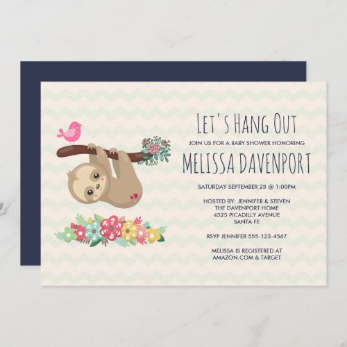 Cute Brown Sloth Hanging from a Branch Baby Shower Invitation