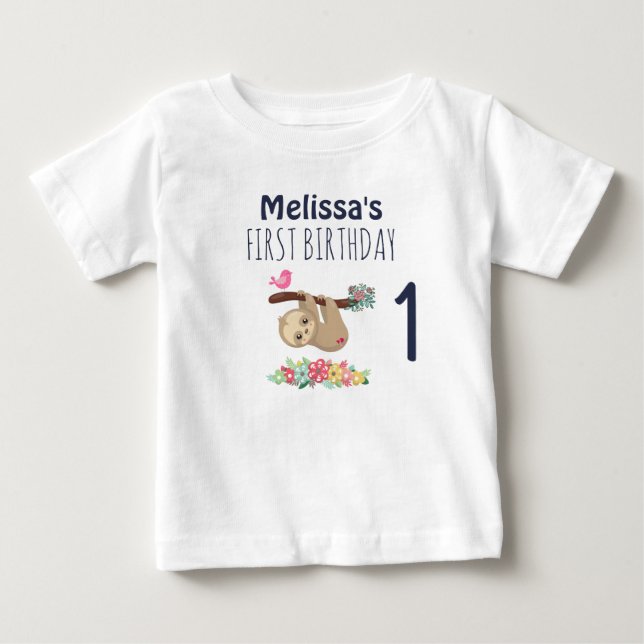 Cute Brown Sloth Hanging Upside down 1st Birthday Baby T-Shirt (Front)