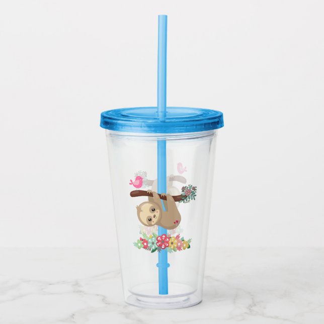 Cute Brown Sloth Hanging Upside down Acrylic Tumbler (Front)