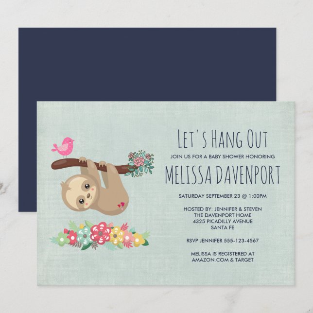 Cute Brown Sloth Hanging Upside Down Baby Shower Invitation (Front/Back)