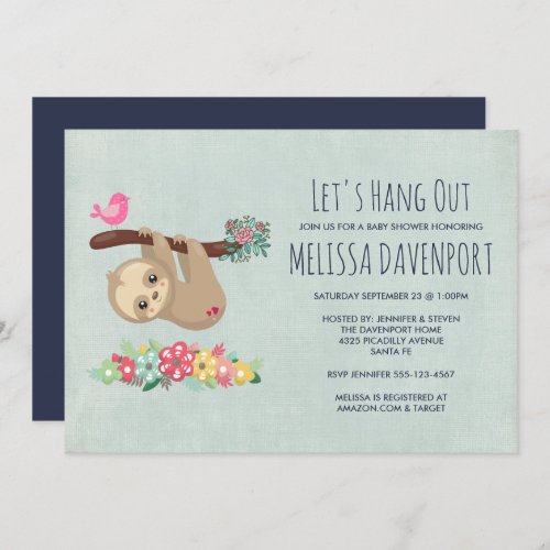 Cute Brown Sloth Hanging Upside Down Baby Shower Invitation