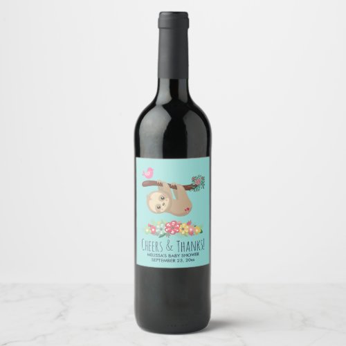 Cute Brown Sloth Hanging Upside Down Baby Shower Wine Label