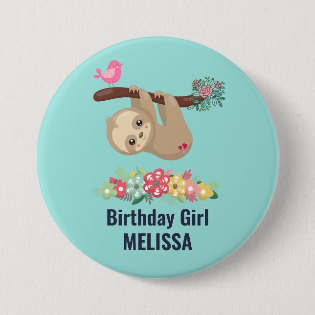 Cute Brown Sloth Hanging Upside down Birthday Button (Front)