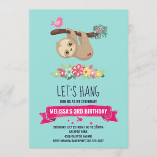 Cute Brown Sloth Hanging Upside down Birthday Invitation