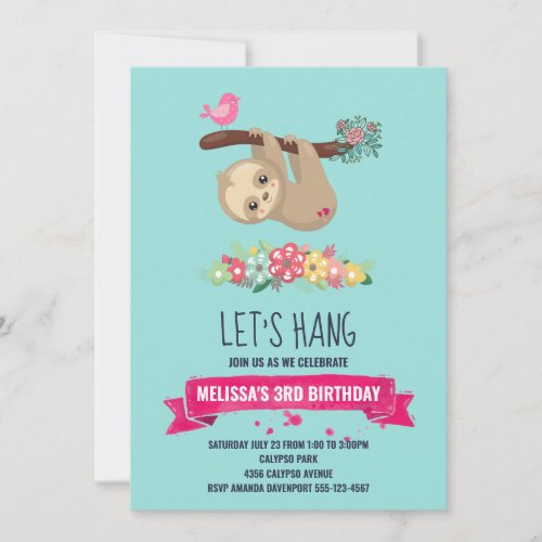 Cute Brown Sloth Hanging Upside down Birthday Invitation