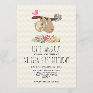 Cute Brown Sloth Hanging Upside Down Birthday Invitation