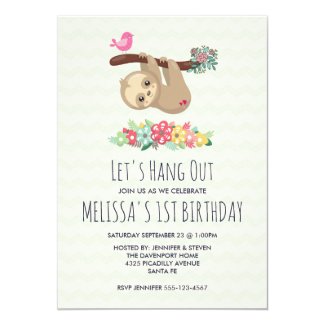 Cute Brown Sloth Hanging Upside Down Birthday Invitation