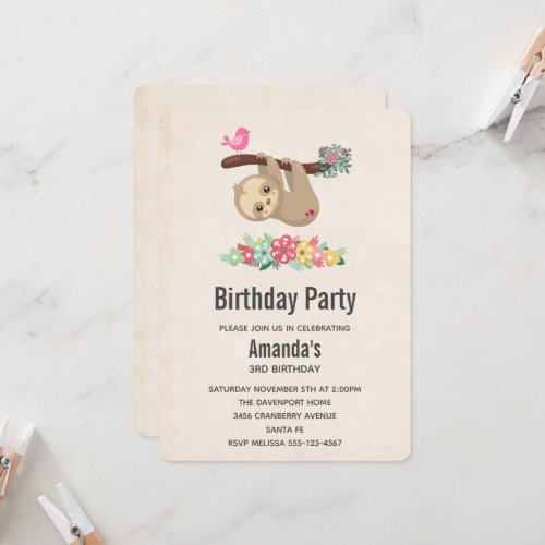 Cute Brown Sloth Hanging Upside Down Birthday Invitation