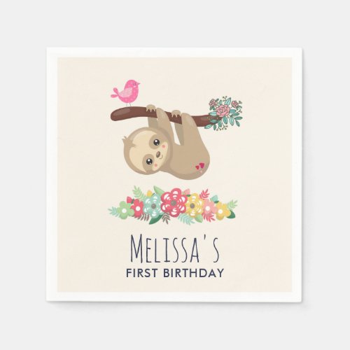 Cute Brown Sloth Hanging Upside down Birthday Napkins