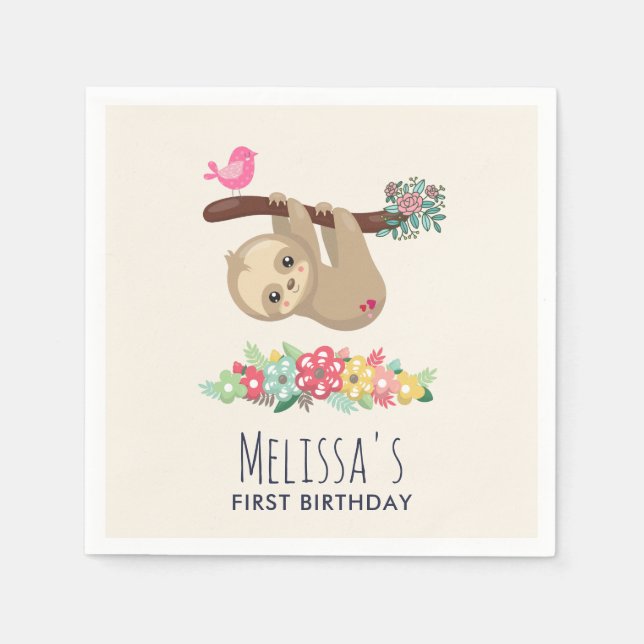 Cute Brown Sloth Hanging Upside down Birthday Napkins (Front)