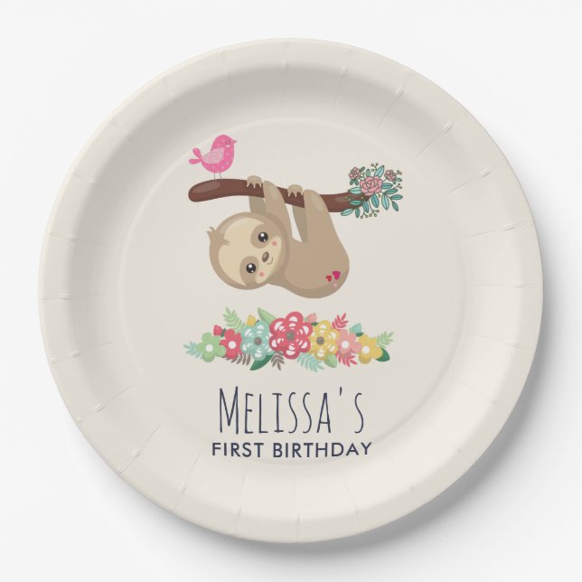 Cute Brown Sloth Hanging Upside down Birthday Paper Plates (Front)