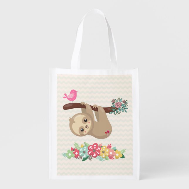 Cute Brown Sloth Hanging Upside down Grocery Bag (Front)