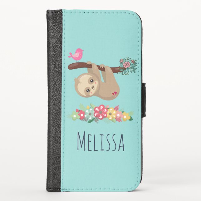 Cute Brown Sloth Hanging Upside down iPhone Wallet Case (Front)